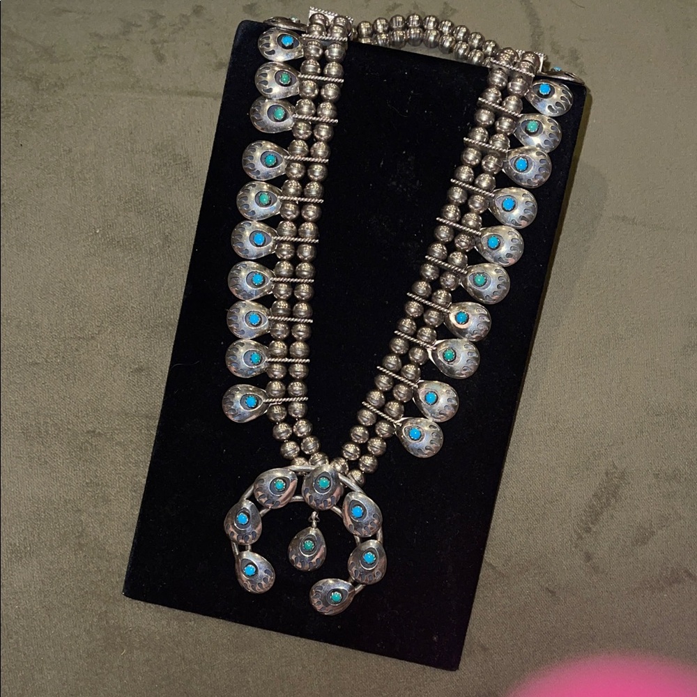 Turquoise and Sterling Silver NAJA Bearclaw & Navajo Pearl Necklace